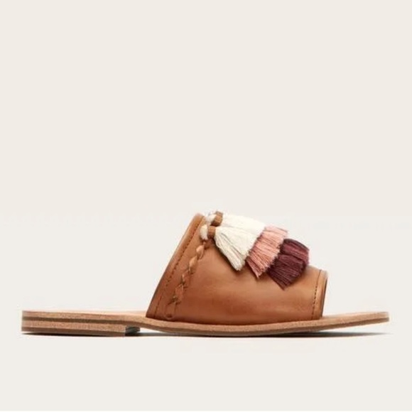 Frye Riley Tassel Slide Leather Sandal - Tan w/Multicolor Fringe - Picture 1 of 7